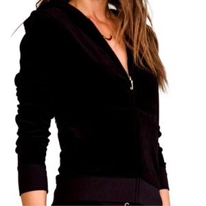 JUICY COUTURE Rare Velour Zip Hoodie Black W/ Gold Rhinestone J Zipper Pull 🖤